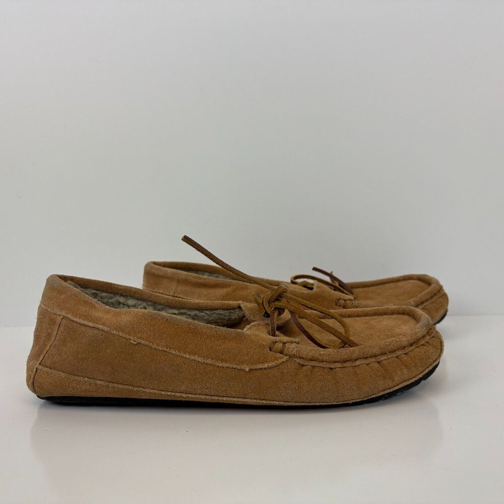 Minnietonka Leather Lace Softsole Slippers Mens Size 12 Tan Brown - Picture 4 of 7